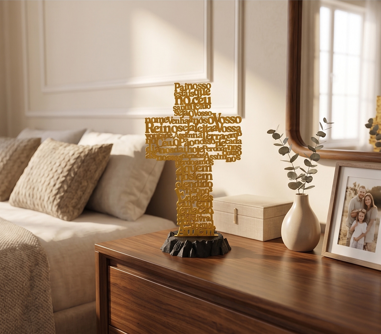 Escultura Decorativa Cruz Oração Pai Nosso 25cm Com Base - imagem 2